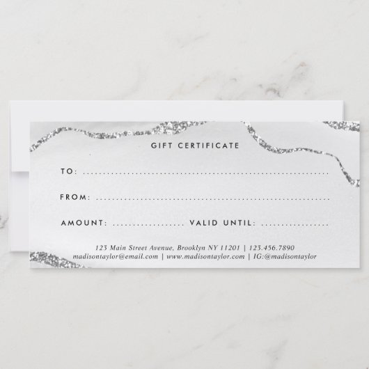 シルバーグレーグリッター瑪瑙の証明書ギフトカード (裏面)