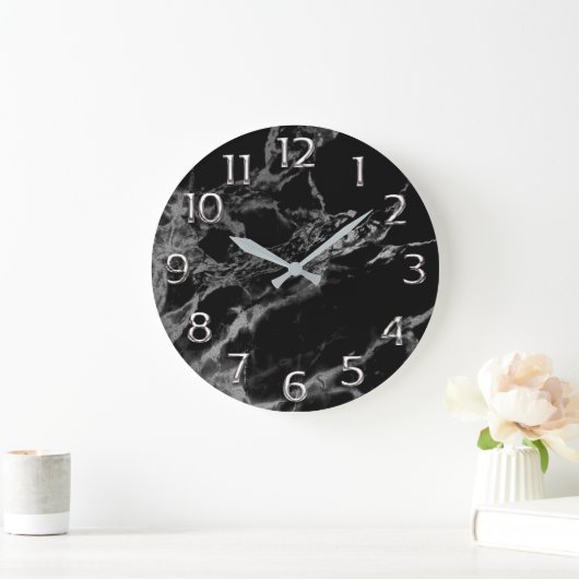 シルバーグレーグレーアラビア数字マーブルブラック ラージ壁時計 (ホーム)