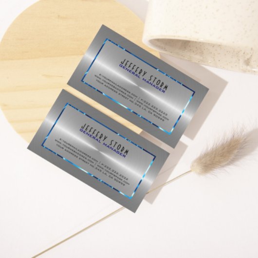 シルバーグレーステンレススチールルルルルックブルーアクセント 名刺