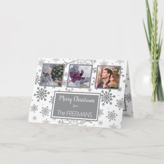 シルバーグレースノーフレーク3フォトコラージュパーソナライズされた シーズンカード (正面)