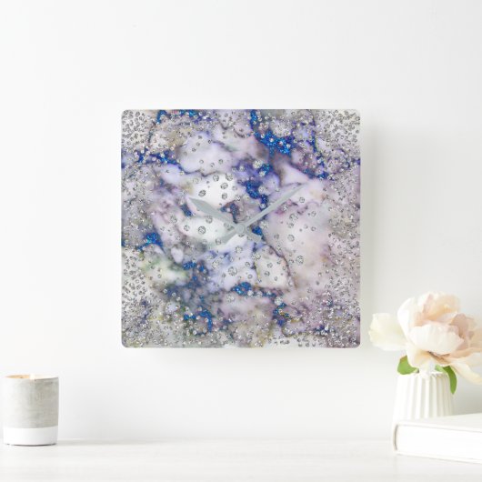 シルバーグレーダイヤモンド結晶マーブルブルーネイビー スクエア壁時計 (ホーム)