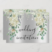 シルバーグレードリップスグレーフローラミントグリーン結婚ズ 招待状 (正面/裏面)