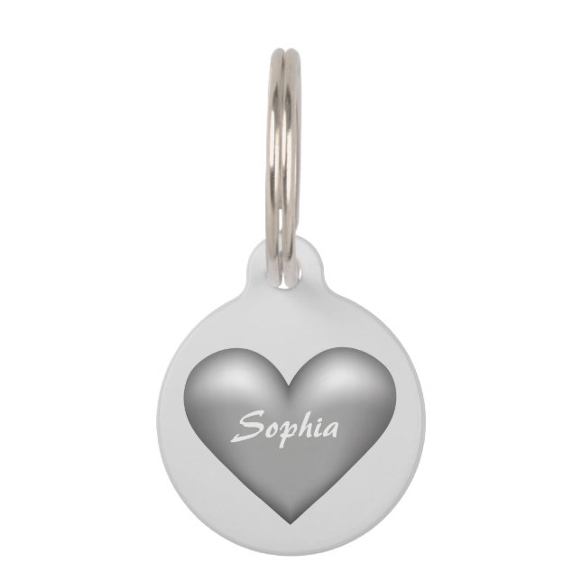 シルバーグレーハートと名前をカスタムするオーバー ペット　ネームタグ (正面)