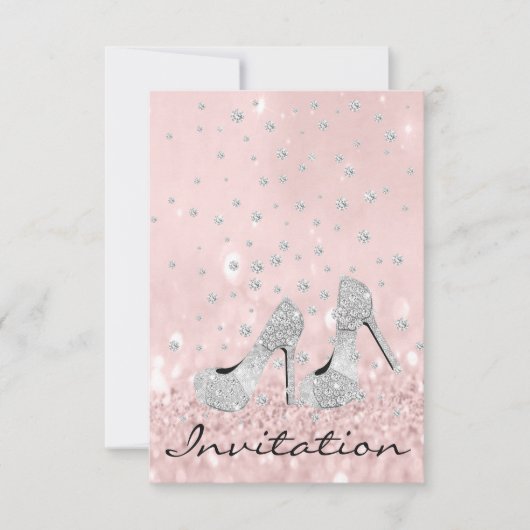 シルバーグレーピンクダイヤモンドシューズグリッターブライダル16th 招待状 (正面)