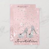 シルバーグレーピンクダイヤモンドシューズグリッターブライダル16th 招待状 (正面/裏面)