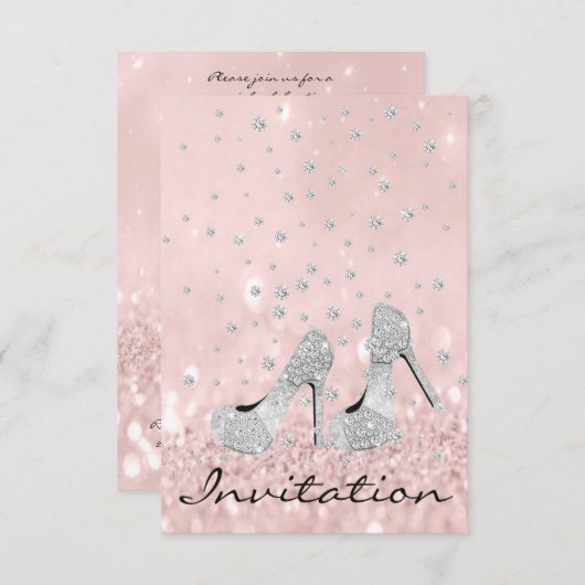 シルバーグレーピンクダイヤモンドシューズグリッターブライダル16th 招待状 (正面/裏面)