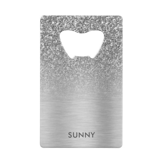 シルバーグレーフェイクグリッターとメタリックテクスチャブレンド クレジットカード栓抜き (裏面)