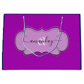 シルバーグレーフレーム王室のモノグラム名ネイビーPInk ラージペーパーバッグ (正面)