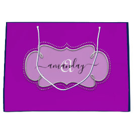 シルバーグレーフレーム王室のモノグラム名ネイビーPInk ラージペーパーバッグ