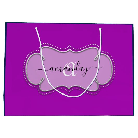 シルバーグレーフレーム王室のモノグラム名ネイビーPInk ラージペーパーバッグ (裏面)