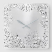 シルバーグレーフローラパームモノクロム金属鋼 スクエア壁時計 (正面)
