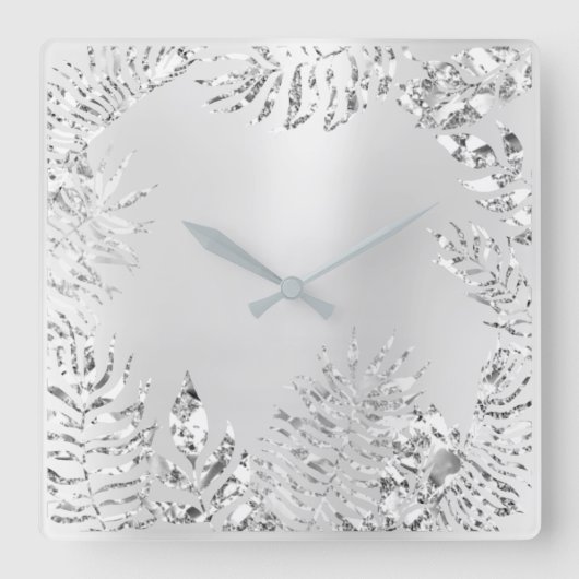 シルバーグレーフローラパームモノクロム金属鋼 スクエア壁時計 (正面)
