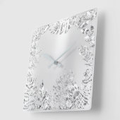 シルバーグレーフローラパームモノクロム金属鋼 スクエア壁時計 (傾斜)