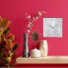 シルバーグレーフローラパームモノクロム金属鋼 スクエア壁時計