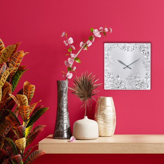 シルバーグレーフローラパームモノクロム金属鋼 スクエア壁時計