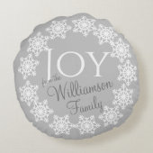 シルバーグレーホワイトスノーフレークJOYクリスマスファミリー ラウンドクッション (裏面)
