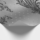 シルバーグレーメタリック結晶ダマスクハートブラック ラッピングペーパー (角)