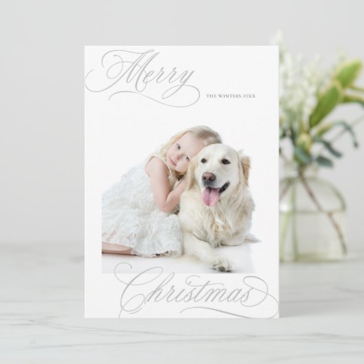 シルバーグレーメリークリスマススクリプトのミニマル写真 シーズンカード (スタンド正面)