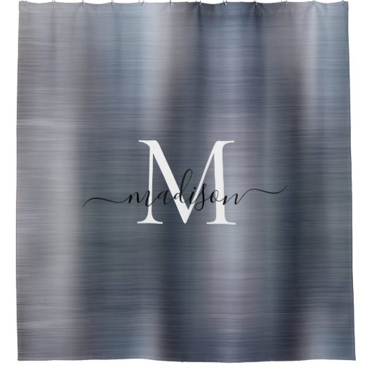 シルバーグレーモノグラムガーリースクリプトグラムスチールメタル シャワーカーテン (正面)
