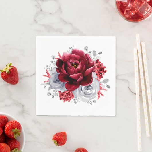 シルバーグレーレッドホワイト素朴フローラ結婚ズ スタンダードカクテルナプキン (インサイチュ)