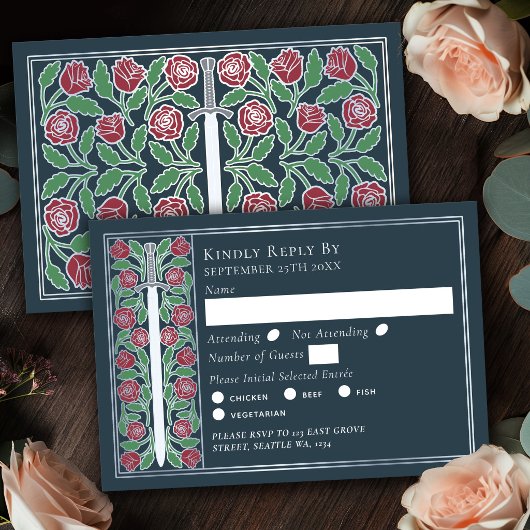 シルバーグレー中世花柄剣 結婚式RSVP 出欠カード