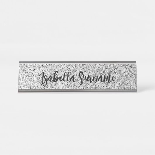 シルバーグレー光グリッタースパークルズ名前をカスタムする デスクネームプレート (正面)