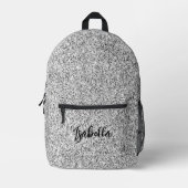 シルバーグレー光グリッタースパークルズ名前をカスタムする プリントバックパック (正面)