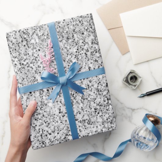 シルバーグレー光グリッタースパークルズ白黒 ラッピングペーパー (ギフト)