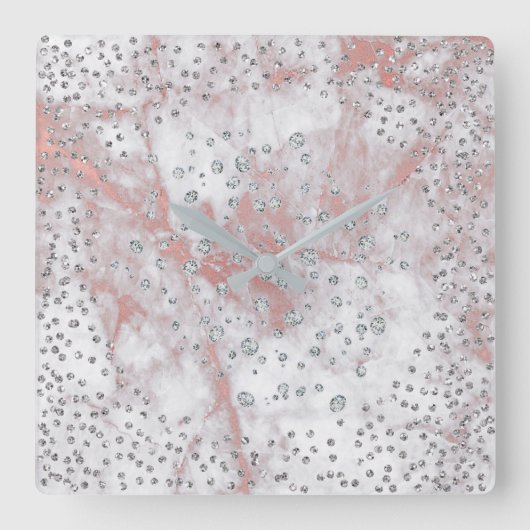 シルバーグレー紙吹雪ダイヤモンド結晶マーブルインク スクエア壁時計 (正面)