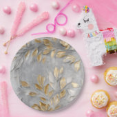 シルバーグレー葉金ゴールド ペーパープレート (パーティー)