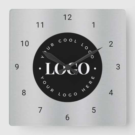 シルバーグレー金属カスタムロゴ会社オフィス スクエア壁時計 (正面)