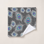 シルバーグレー&ターコイズピーコックフェザー バスタオルセット (ウォッシュタオル)