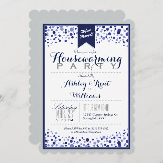 シルバーグレー、ホワイト、ネイビーブルー引っ越し祝いパーティーパーティー 招待状 (正面/裏面)
