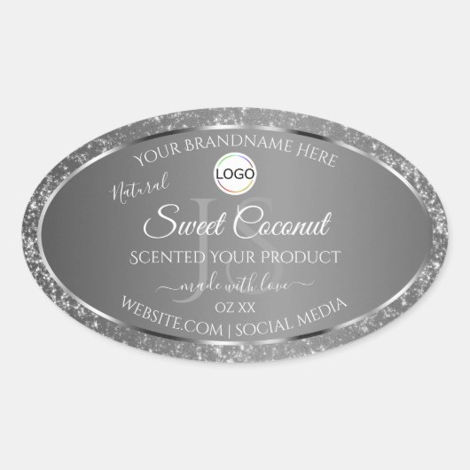 シルバーグレー ロゴ モノグラム グリッター製品ラベル 楕円形シール (正面)