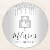 シルバーケーキのグリッターが滴るエレガントでガーリーなグリッター パーティー ラウンドペーパーコースター (正面)