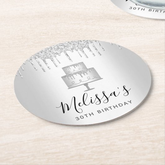 シルバーケーキのグリッターが滴るエレガントで女の子らしい豪華パーティー ラウンドペーパーコースター (アングル)