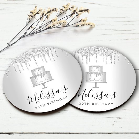 シルバーケーキのグリッターが滴るエレガントで女の子らしい豪華パーティー ラウンドペーパーコースター