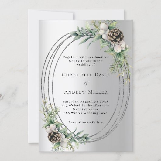 シルバーコーンは緑の冬の結婚式 招待状 (正面)