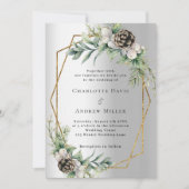 シルバーコーンパイン緑の金ゴールド幾何結婚の 招待状 (正面)