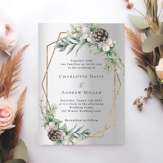 シルバーコーンパイン緑の金ゴールド幾何結婚の 招待状