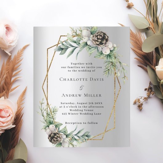 シルバーコーン緑の幾何学的結婚式招待状