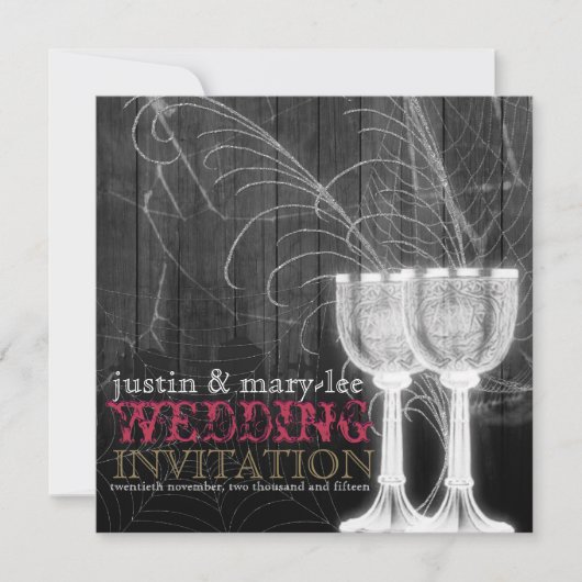 シルバーゴブレット蜘蛛のウェブゴシック様式ヴィンテージ結婚式 招待状 (正面)