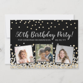 シルバーゴールドのコンフェッティ フォトコラージュ 50歳の誕生日 招待状