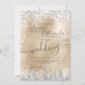 シルバーゴールドの雪の松のクリスマス冬のウェディング 招待状 (正面)