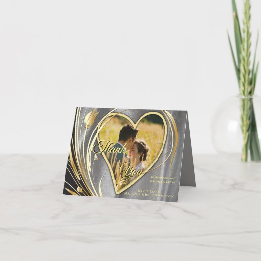 シルバーサテンと金ゴールドの花の輝き サンキューカード (正面)