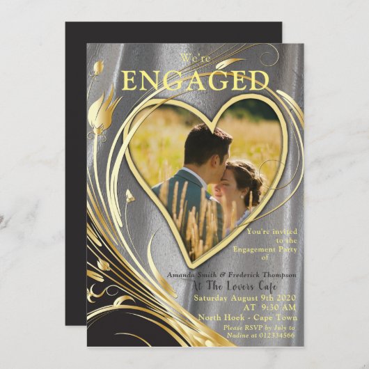 シルバーサテンと金ゴールドの花の輝き 招待状 (正面/裏面)