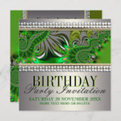 シルバーサテングリーンスワール誕生日パーティーの招待 招待状 (正面/裏面)