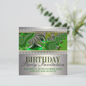 シルバーサテングリーンスワール誕生日パーティーの招待 招待状 (スタンド正面)