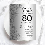 シルバーサプライズ80誕生日 招待状<br><div class="desc">シルバーサプライズ80th誕生日パーティーの招待状。Glamフェミニンデザインは植物性のアクセントとタイポグラフィスクリプトフォントを搭載。フローラシンプル招待状カードは女性の驚きの日のスタイリッシュお祝いに最適。任意のカスタマイズ年齢にすることができる。印刷されたZazzle招待状または即時ダウンロードのデジタル印刷可能なテンプレート。</div>