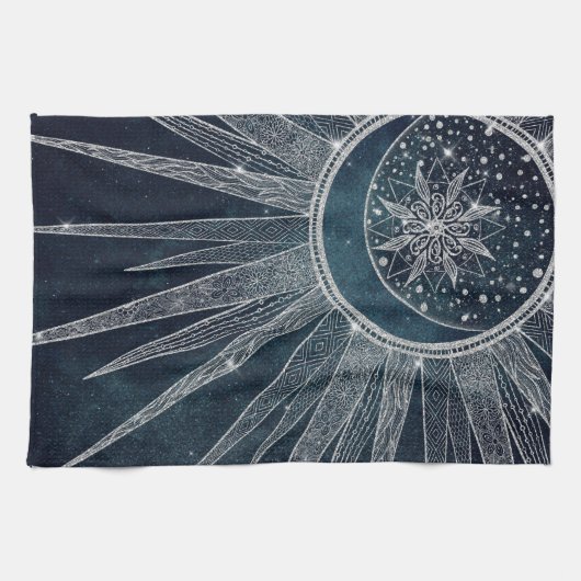 シルバーサンエレガントムーンドゥードルマンダラブルーデザイン キッチンタオル (横)